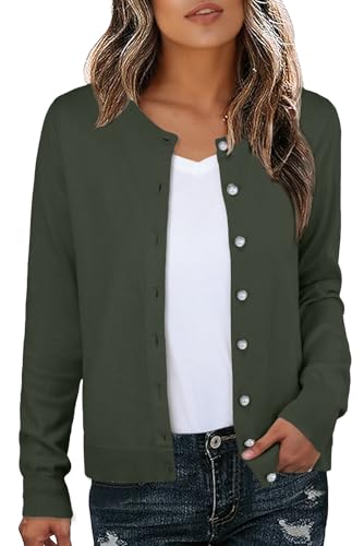 GRECERELLE Strickjacke Damen Leichte Langarm Cardigan Elegant Dünne Rundhals Strickjacken Casual Pullover Strickweste Klassisch Strickmantel mit Perlen Knöpfe,Herbst,Winter (Armeegrün, M) von GRECERELLE