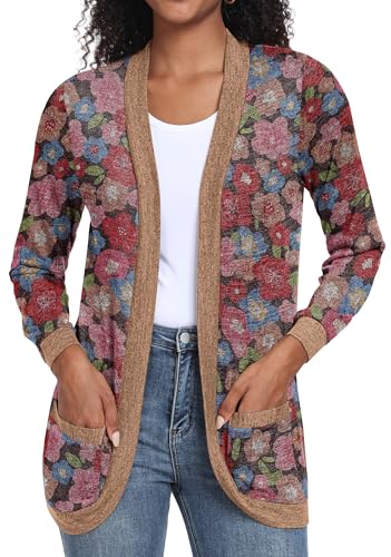GRECERELLE Strickjacke Damen Leichte Schal Kragen Bedruckt Casual Frühling Strickjacken mit Taschen (Braunrosa Blume, XXL) von GRECERELLE
