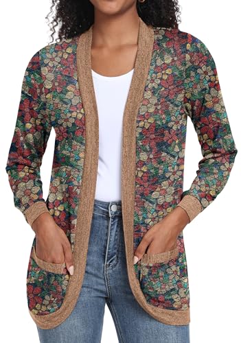 GRECERELLE Strickjacke Damen Leichte Schal Kragen Bedruckt Casual Frühling Strickjacken mit Taschen (Marineblaue Narzisse, XL) von GRECERELLE