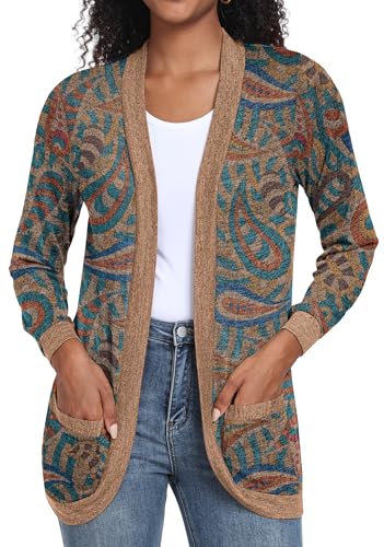 GRECERELLE Strickjacke Damen Leichte Schal Kragen Bedruckt Casual Frühling Strickjacken mit Taschen (Paisley Blaue Blume, L) von GRECERELLE