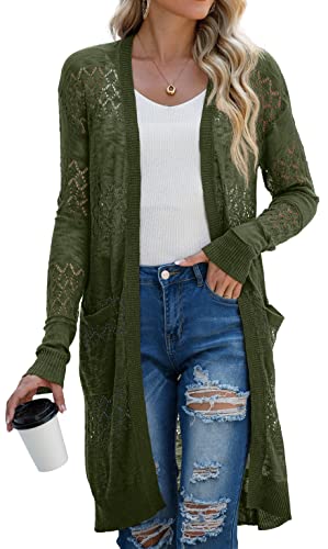 GRECERELLE Strickjacke Damen Sommer Lang Cardigan Langärmelig Lochmuster Strandjacke Leicht Dünne Vorne Offen Cover Up (Armeegrün, M) von GRECERELLE