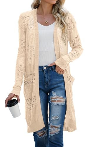 GRECERELLE Strickjacke Damen Sommer Lang Cardigan Langärmelig Lochmuster Strandjacke Leicht Dünne Vorne Offen Cover Up (Beige, XL) von GRECERELLE