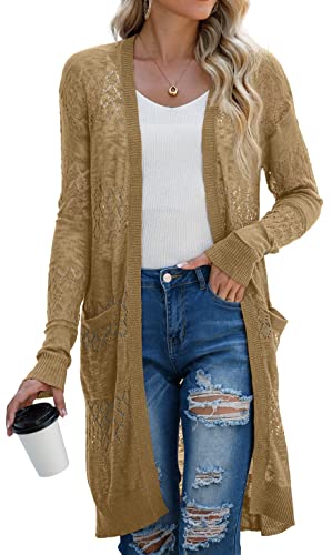 GRECERELLE Strickjacke Damen Sommer Lang Cardigan Langärmelig Lochmuster Strandjacke Leicht Dünne Vorne Offen Cover Up (Khaki, L) von GRECERELLE