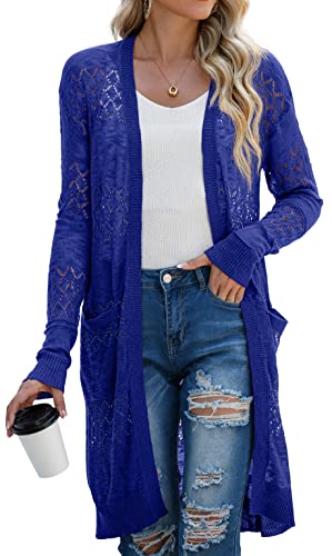 GRECERELLE Strickjacke Damen Sommer Lang Cardigan Langärmelig Lochmuster Strandjacke Leicht Dünne Vorne Offen Cover Up (Königsblau, XXL) von GRECERELLE