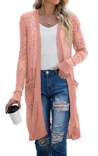 GRECERELLE Strickjacke Damen Sommer Lang Cardigan Langärmelig Lochmuster Strandjacke Leicht Dünne Vorne Offen Cover Up (Korallenrosa, M) von GRECERELLE