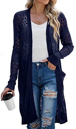 GRECERELLE Strickjacke Damen Sommer Lang Cardigan Langärmelig Lochmuster Strandjacke Leicht Dünne Vorne Offen Cover Up (Marineblau, XL) von GRECERELLE
