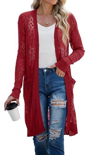 GRECERELLE Strickjacke Damen Sommer Lang Cardigan Langärmelig Lochmuster Strandjacke Leicht Dünne Vorne Offen Cover Up (Rot, XL) von GRECERELLE