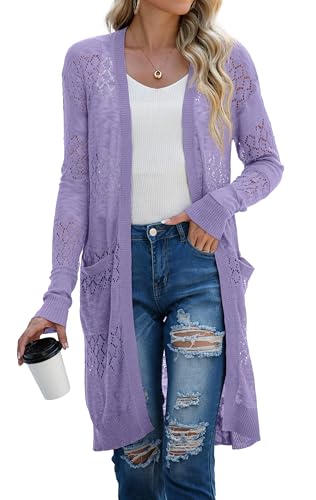 GRECERELLE Strickjacke Damen Sommer Lang Cardigan Langärmelig Lochmuster Strandjacke Leicht Dünne Vorne Offen Cover Up (Violett Grau, M) von GRECERELLE