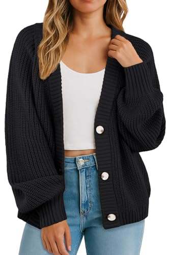 GRECERELLE Strickjacke Damen Langarm Dicke Strickjacken Elegant Cardigan Casual Open Front Sweater V-Ausschnitt Sweater Oversize Strickmantel Pullover mit Knöpfen, Herbst,Winter (Schwarz, XXL) von GRECERELLE