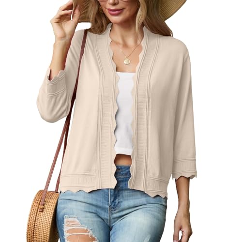 GRECERELLE Strickjacke Damen Sommer Leichte Bolero Elegant Shrug Rüschen Jäckchen Cardigan Damen Strickpullover Rüschenärmelfür Kleid Sommerabend Hochzeit (Aprikose, L) von GRECERELLE
