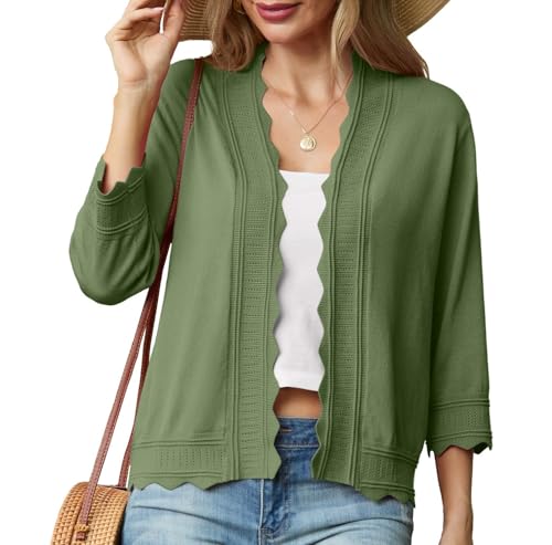 GRECERELLE Strickjacke Damen Sommer Leichte Bolero Elegant Shrug Rüschen Jäckchen Cardigan Damen Strickpullover Rüschenärmelfür Kleid Sommerabend Hochzeit (Armeegrün, XXL) von GRECERELLE