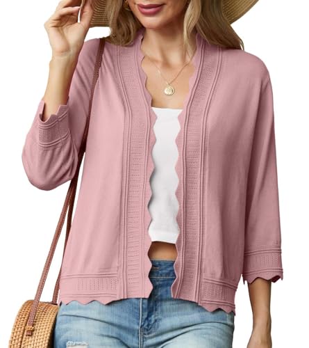 GRECERELLE Strickjacke Damen Sommer Leichte Bolero Elegant Shrug Rüschen Jäckchen Cardigan Damen Strickpullover Rüschenärmelfür Kleid Sommerabend Hochzeit (Hell Pink, XXL) von GRECERELLE