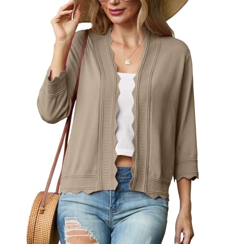 GRECERELLE Strickjacke Damen Sommer Leichte Bolero Elegant Shrug Rüschen Jäckchen Cardigan Damen Strickpullover Rüschenärmelfür Kleid Sommerabend Hochzeit (Khaki, M) von GRECERELLE