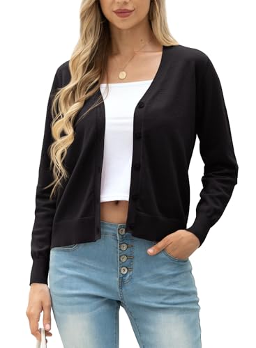 GRECERELLE Strickjacke Damen Cardigan Elegant Leichte V-Ausschnitt Langarm Knopfleiste Winterjacke Strickjacken füR Damen (Schwarz, M) von GRECERELLE