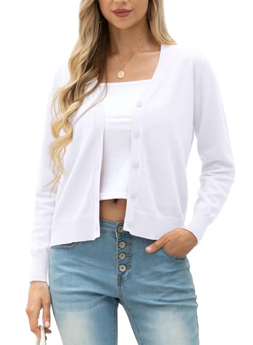GRECERELLE Strickjacke Damen Cardigan Elegant Leichte V-Ausschnitt Langarm Knopfleiste Winterjacke Strickjacken füR Damen (Weiß, M) von GRECERELLE