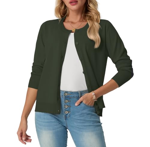 GRECERELLE Strickjacke Damen Sommer Leichte Langarm Cardigan Dünne Elegant Rundhals Strickjacken Casual Strickweste Klassisch Strickmantel mit Knöpfen (Armeegrün, M) von GRECERELLE