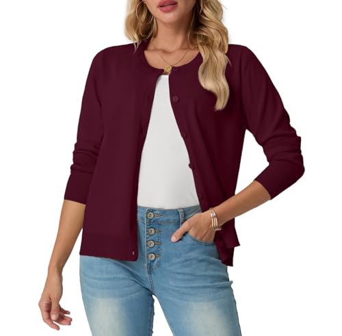 GRECERELLE Strickjacke Damen Sommer Leichte Langarm Cardigan Dünne Elegant Rundhals Strickjacken Casual Strickweste Klassisch Strickmantel mit Knöpfen (Burgunderrot, L) von GRECERELLE