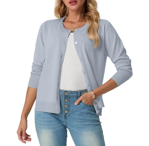 GRECERELLE Strickjacke Damen Sommer Leichte Langarm Cardigan Dünne Elegant Rundhals Strickjacken Casual Strickweste Klassisch Strickmantel mit Knöpfen (Grau Blau, L) von GRECERELLE