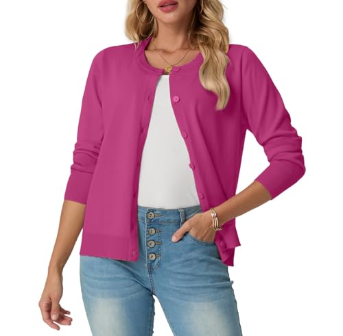 GRECERELLE Strickjacke Damen Sommer Leichte Langarm Cardigan Dünne Elegant Rundhals Strickjacken Casual Strickweste Klassisch Strickmantel mit Knöpfen (Heißes Rosa, XL) von GRECERELLE
