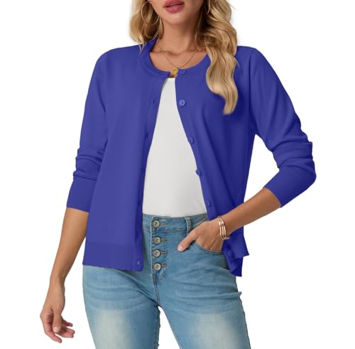 GRECERELLE Strickjacke Damen Sommer Leichte Langarm Cardigan Dünne Elegant Rundhals Strickjacken Casual Strickweste Klassisch Strickmantel mit Knöpfen (Hellblau, XL) von GRECERELLE