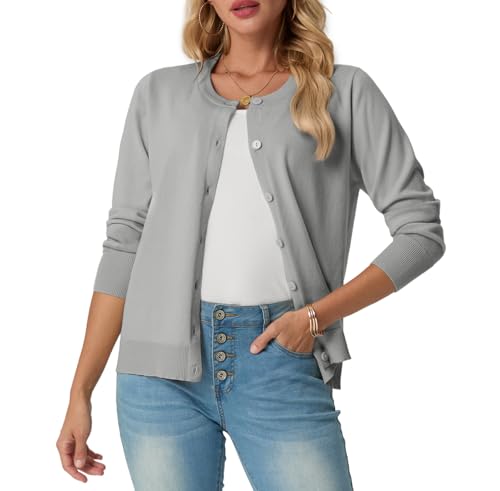 GRECERELLE Strickjacke Damen Sommer Leichte Langarm Cardigan Dünne Elegant Rundhals Strickjacken Casual Strickweste Klassisch Strickmantel mit Knöpfen (Hellgrau, XL) von GRECERELLE