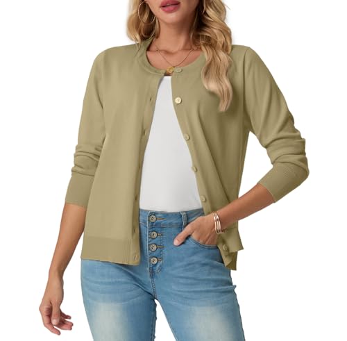 GRECERELLE Strickjacke Damen Sommer Leichte Langarm Cardigan Dünne Elegant Rundhals Strickjacken Casual Strickweste Klassisch Strickmantel mit Knöpfen (Khaki, L) von GRECERELLE
