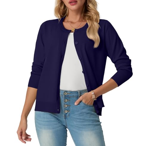 GRECERELLE Strickjacke Damen Sommer Leichte Langarm Cardigan Dünne Elegant Rundhals Strickjacken Casual Strickweste Klassisch Strickmantel mit Knöpfen (Marineblau, L) von GRECERELLE