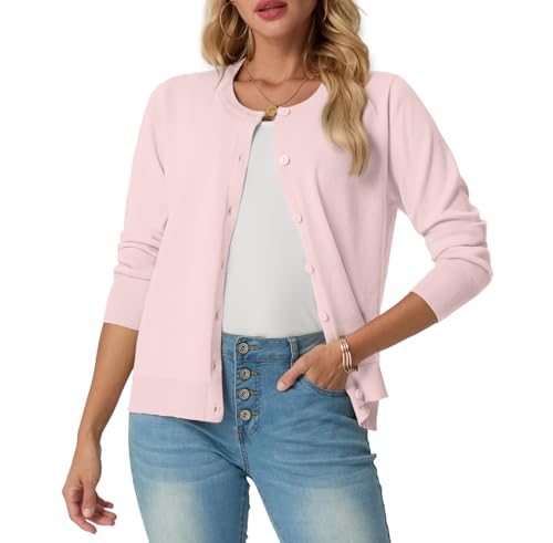 GRECERELLE Strickjacke Damen Sommer Leichte Langarm Cardigan Dünne Elegant Rundhals Strickjacken Casual Strickweste Klassisch Strickmantel mit Knöpfen (Rosa Weiß, L) von GRECERELLE