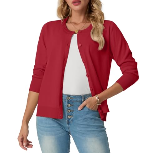 GRECERELLE Strickjacke Damen Sommer Leichte Langarm Cardigan Dünne Elegant Rundhals Strickjacken Casual Strickweste Klassisch Strickmantel mit Knöpfen (Rot, XL) von GRECERELLE