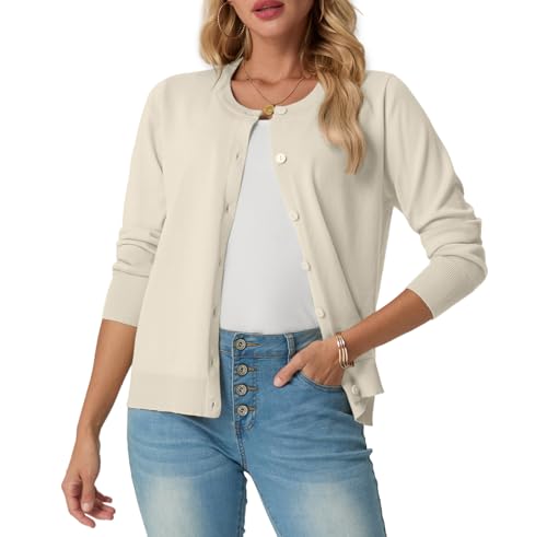GRECERELLE Strickjacke Damen Sommer Leichte Langarm Cardigan Dünne Elegant Rundhals Strickjacken Casual Strickweste Klassisch Strickmantel mit Knöpfen (Weizenfarbe, XL) von GRECERELLE