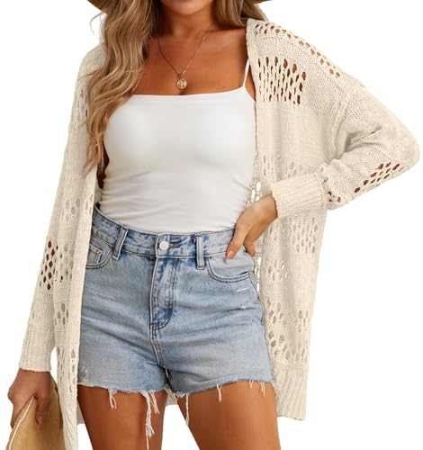 GRECERELLE Strickjacke Damen Sommer Leichte Open Front Knitted Cardigan Damen Lang Häkeljacke Beach Cover Up für Urlaub, Pool, Strand und Party (Beige, XL) von GRECERELLE