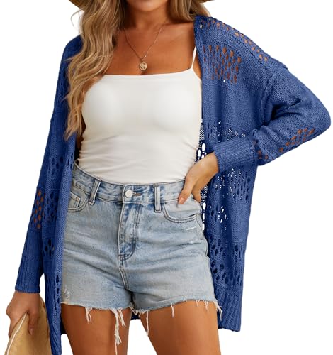 GRECERELLE Strickjacke Damen Sommer Leichte Open Front Knitted Cardigan Damen Lang Häkeljacke Beach Cover Up für Urlaub, Pool, Strand und Party (Blau Grau, M) von GRECERELLE
