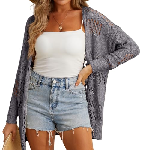 GRECERELLE Strickjacke Damen Sommer Leichte Open Front Knitted Cardigan Damen Lang Häkeljacke Beach Cover Up für Urlaub, Pool, Strand und Party (Dunkelgrau, M) von GRECERELLE