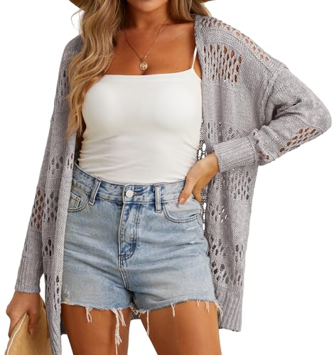 GRECERELLE Strickjacke Damen Sommer Leichte Open Front Knitted Cardigan Damen Lang Häkeljacke Beach Cover Up für Urlaub, Pool, Strand und Party (Hell Grau, M) von GRECERELLE