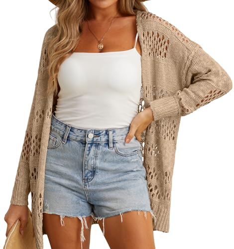 GRECERELLE Strickjacke Damen Sommer Leichte Open Front Knitted Cardigan Damen Lang Häkeljacke Beach Cover Up für Urlaub, Pool, Strand und Party (Khaki, M) von GRECERELLE