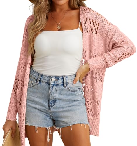 GRECERELLE Strickjacke Damen Sommer Leichte Open Front Knitted Cardigan Damen Lang Häkeljacke Beach Cover Up für Urlaub, Pool, Strand und Party (Korallenrosa, L) von GRECERELLE