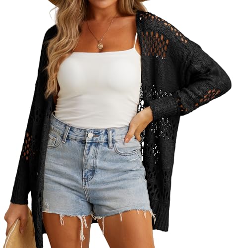 GRECERELLE Strickjacke Damen Sommer Leichte Open Front Knitted Cardigan Damen Lang Häkeljacke Beach Cover Up für Urlaub, Pool, Strand und Party (Schwarz, XXL) von GRECERELLE