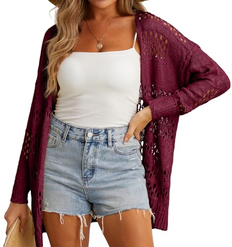 GRECERELLE Strickjacke Damen Sommer Leichte Open Front Knitted Cardigan Damen Lang Häkeljacke Beach Cover Up für Urlaub, Pool, Strand und Party (Weinrot, XXL) von GRECERELLE
