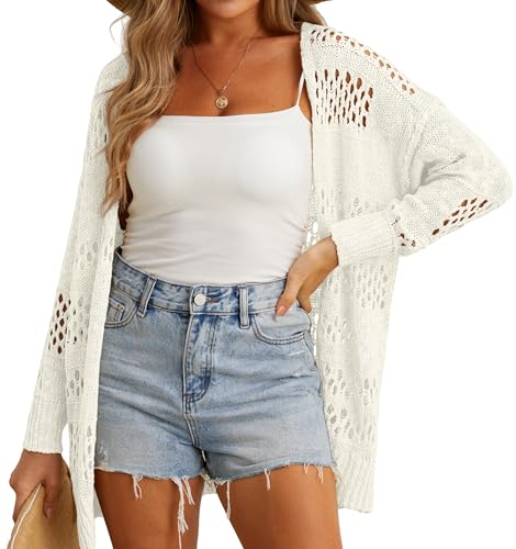 GRECERELLE Strickjacke Damen Sommer Leichte Open Front Knitted Cardigan Damen Lang Häkeljacke Beach Cover Up für Urlaub, Pool, Strand und Party (Weiß, M) von GRECERELLE
