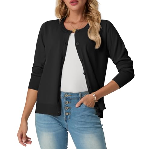 GRECERELLE Strickjacke Damen Sommer Leichte Langarm Cardigan Dünne Elegant Rundhals Strickjacken Casual Strickweste Klassisch Strickmantel mit Knöpfen (Schwarz, L) von GRECERELLE