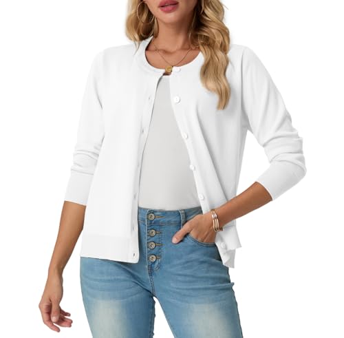 GRECERELLE Strickjacke Damen Sommer Leichte Langarm Cardigan Dünne Elegant Rundhals Strickjacken Casual Strickweste Klassisch Strickmantel mit Knöpfen (Weiß, L) von GRECERELLE
