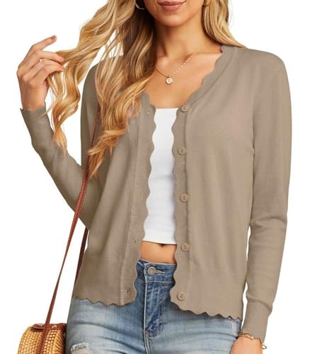 GRECERELLE Strickjacke Damen mit Knöpfen und V Ausschnitt Leichte und sommerliche Cardigan Damen Eleganter mit Spitze (Khaki, S) von GRECERELLE