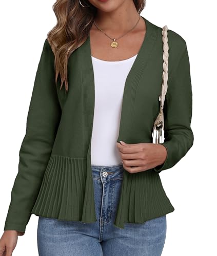 GRECERELLE Strickjacke Damen mit Plisseesaum Leicht Lange Ärmel Cardigan Damen Kurz Elegante Casual Open Front Bolero (Armeegrün, XL) von GRECERELLE
