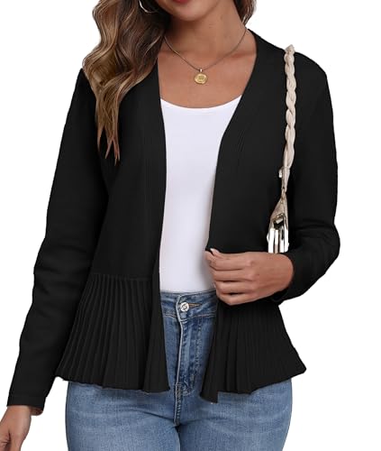 GRECERELLE Strickjacke Damen mit Plisseesaum Leicht Lange Ärmel Cardigan Damen Kurz Elegante Casual Open Front Bolero (Schwarz, M) von GRECERELLE