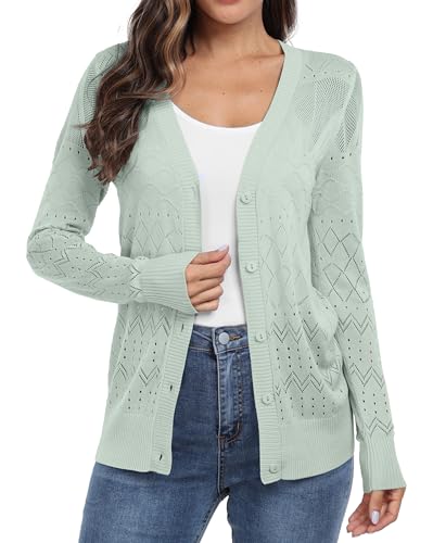 GRECERELLE Strickjacke für Damen Elegant Leichte Dünne Sommer Cardigan mit Knöpfen Strand Strick Cover Up (Bohne Grün, L) von GRECERELLE