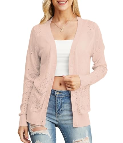 GRECERELLE Strickjacke für Damen Elegant Leichte Dünne Sommer Cardigan mit Knöpfen Strand Strick Cover Up (Hell Pink, XXL) von GRECERELLE