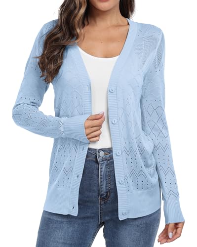 GRECERELLE Strickjacke für Damen Elegant Leichte Dünne Sommer Cardigan mit Knöpfen Strand Strick Cover Up (Hellblau, XXL) von GRECERELLE