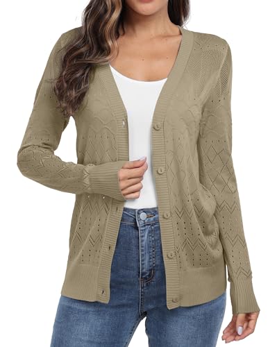 GRECERELLE Strickjacke für Damen Elegant Leichte Dünne Sommer Cardigan mit Knöpfen Strand Strick Cover Up (Khaki, M) von GRECERELLE