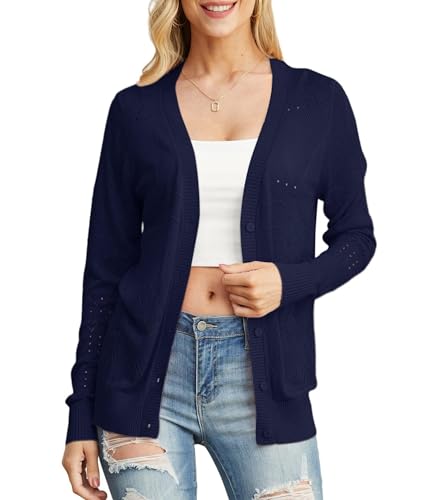 GRECERELLE Strickjacke für Damen Elegant Leichte Dünne Sommer Cardigan mit Knöpfen Strand Strick Cover Up (Marineblau, XL) von GRECERELLE