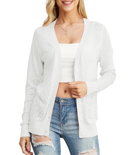 GRECERELLE Strickjacke für Damen Elegant Leichte Dünne Sommer Cardigan mit Knöpfen Strand Strick Cover Up (Weiß, XL) von GRECERELLE